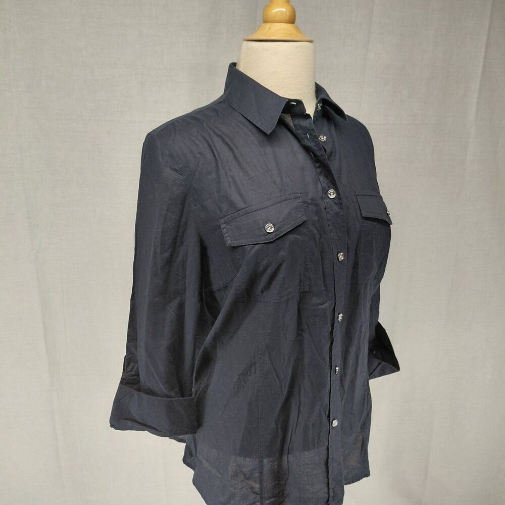 Michael Kors Button-up Rolled Sleeve Blouse Navy Silver Buttons Sz XL - Picture 3 of 9